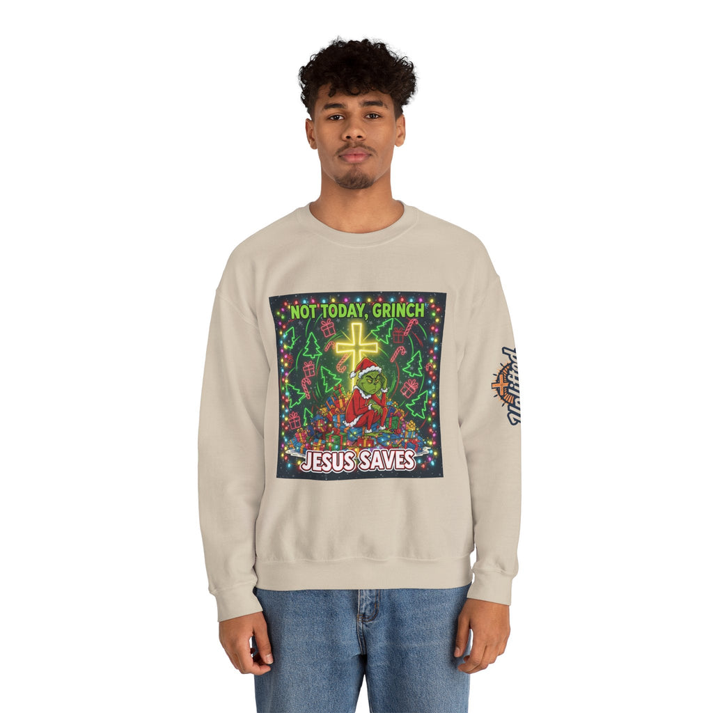 🎄 Not Today, Grinch – Jesus Saves | Funny Christian Christmas Sweatshirt | Festive Green & Red Cartoon Style | Bold Faith Holiday Tee by Uplifted Gear Printify