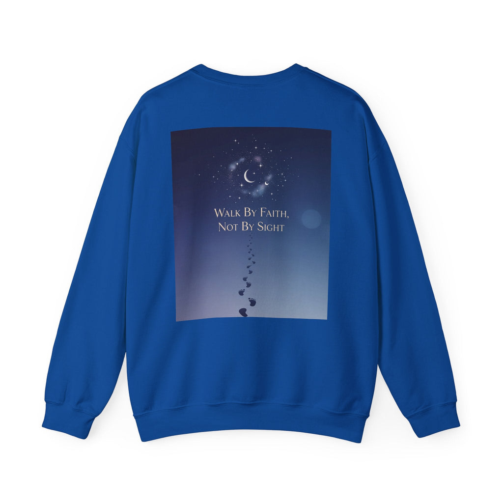 Walk by Faith, Not by Sight Sweatshirt – Moonlit Footprints Christian Sweatshirt for Cozy Nights Printify