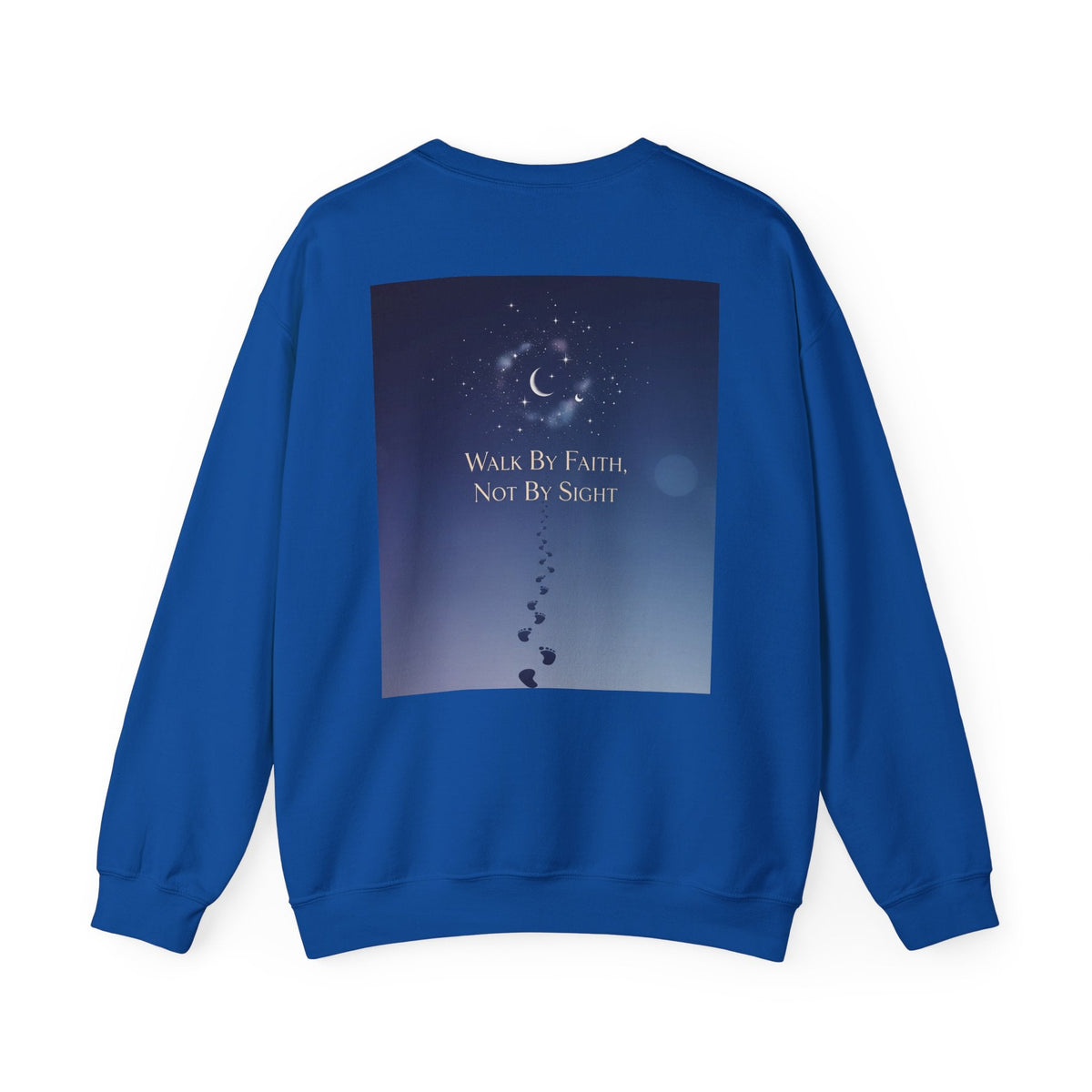 Walk by Faith, Not by Sight Sweatshirt – Moonlit Footprints Christian Sweatshirt for Cozy Nights Printify