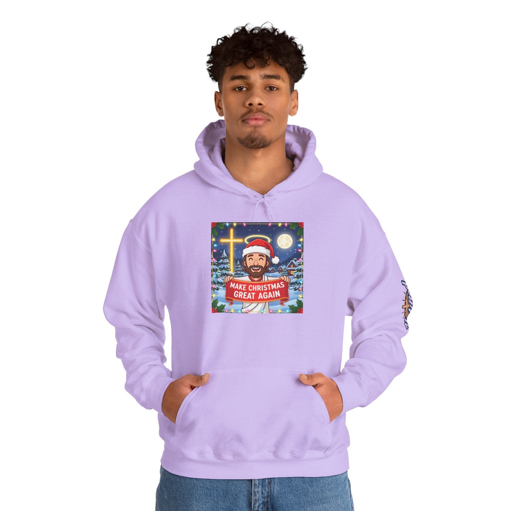 🎄 Make Christmas Great Again – Funny Christian Hoodie | Jesus Holding Banner | Faith-Based Holiday Parody Tee | Uplifted Gear Printify