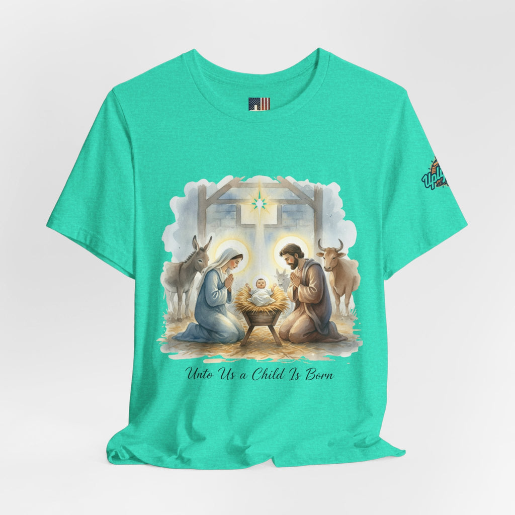 Unto Us a Child is Born T-shirt – Isaiah 9:6 Nativity Manger Scene Christian Christmas T-shirt for Holy Night Faith Printify