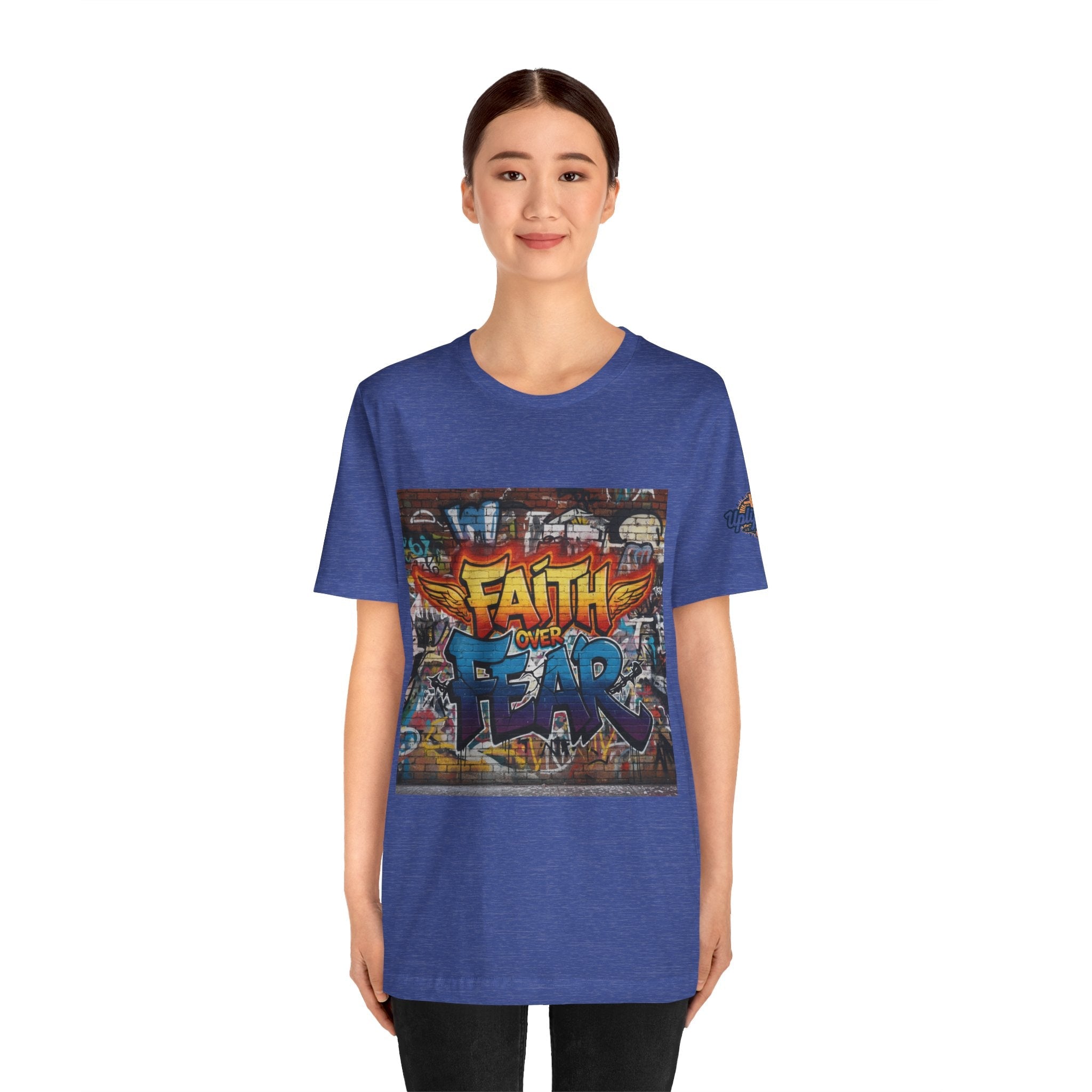 Faith Over Fear T-shirt – Graffiti Wall Christian T-shirt for Bold 2 Corinthians 5:7 Streetwear & Unshakable Faith Printify