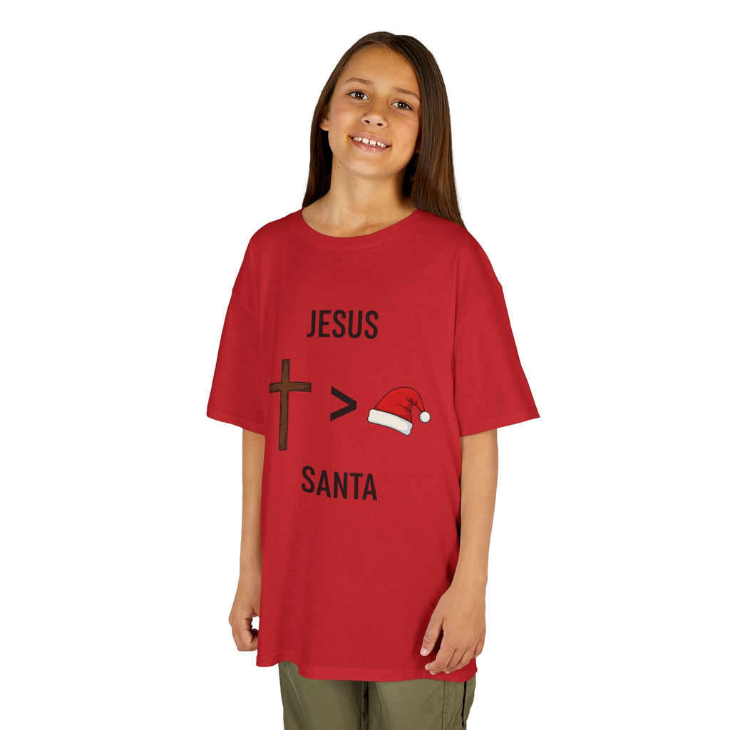 🎄 Jesus > Santa – Minimalist Christian Christmas Kids T-Shirt | Bold Faith Over Holiday Tee | Cross vs Santa Hat Design | Uplifted Gear Printify