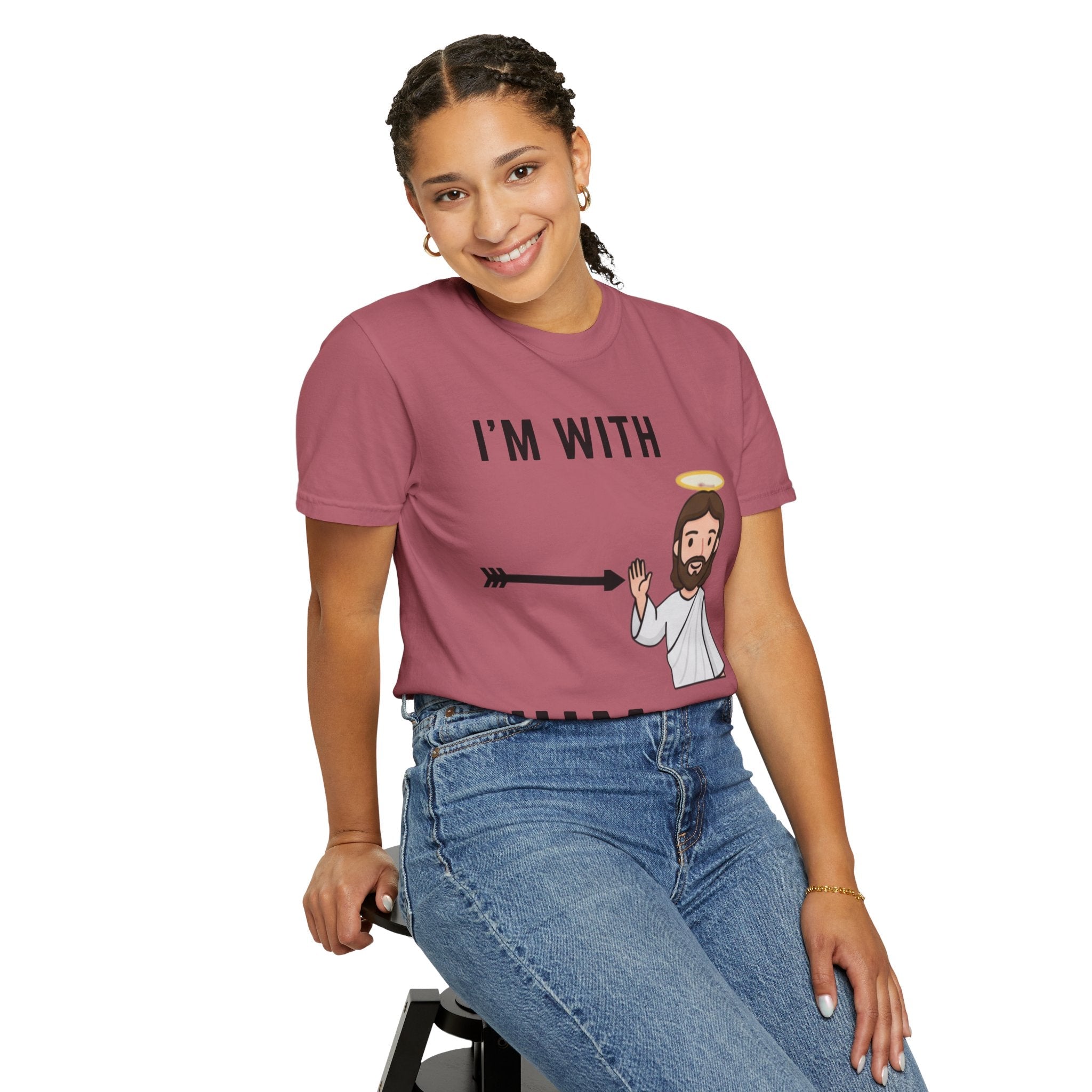 🔥 I’m With Him → Christian T-Shirt | Arrow Pointing to Jesus | Minimalist Faith Tee | Subtle Cross Design | Bible-Inspired Apparel by Uplifted Gear Printify