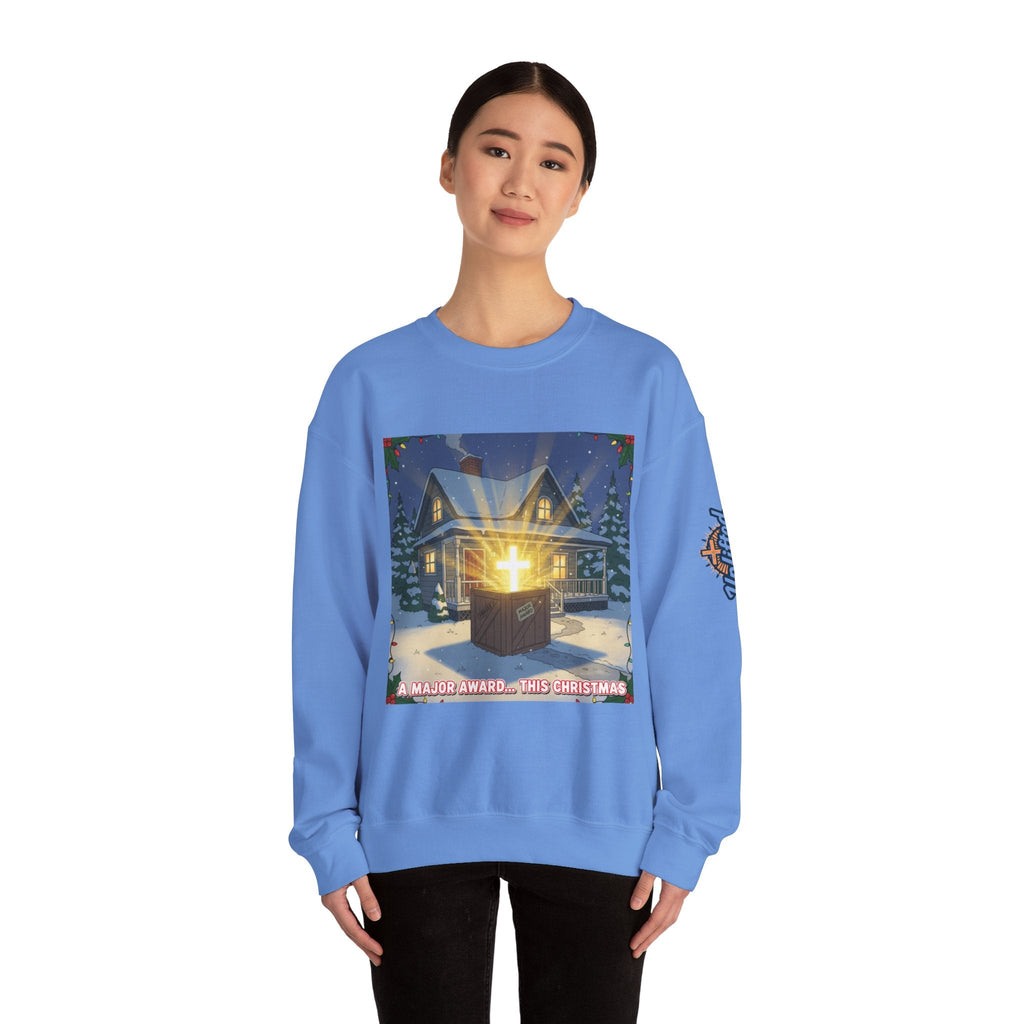 A Major Award This Christmas Sweatshirt – Fragile Leg Lamp Parody Cross Unboxing Christian Sweatshirt for Hilarious Faith & Holiday Glow Printify