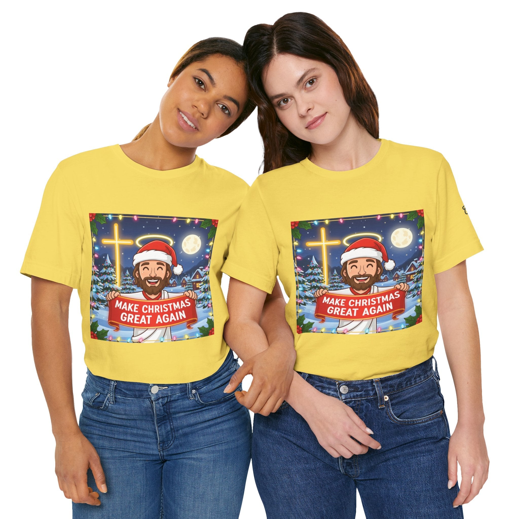 🎄 Make Christmas Great Again – Funny Christian T-Shirt | Jesus Holding Banner | Faith-Based Holiday Parody Tee | Uplifted Gear Printify