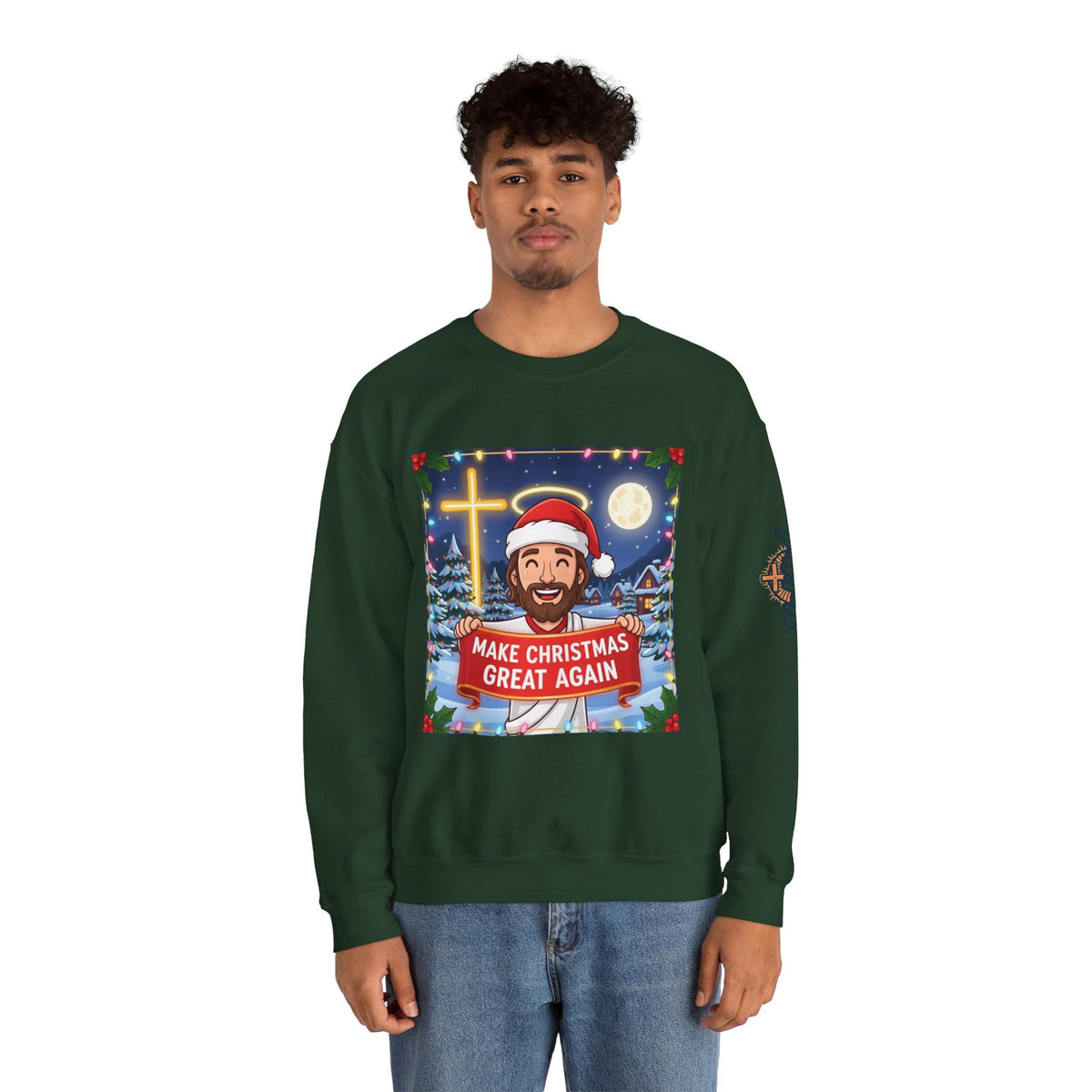 🎄 Make Christmas Great Again – Funny Christian Sweatshirt | Jesus Holding Banner | Faith-Based Holiday Parody Tee | Uplifted Gear Printify