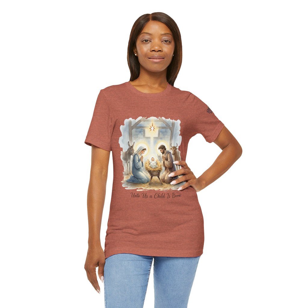 Unto Us a Child is Born T-shirt – Isaiah 9:6 Nativity Manger Scene Christian Christmas T-shirt for Holy Night Faith Printify