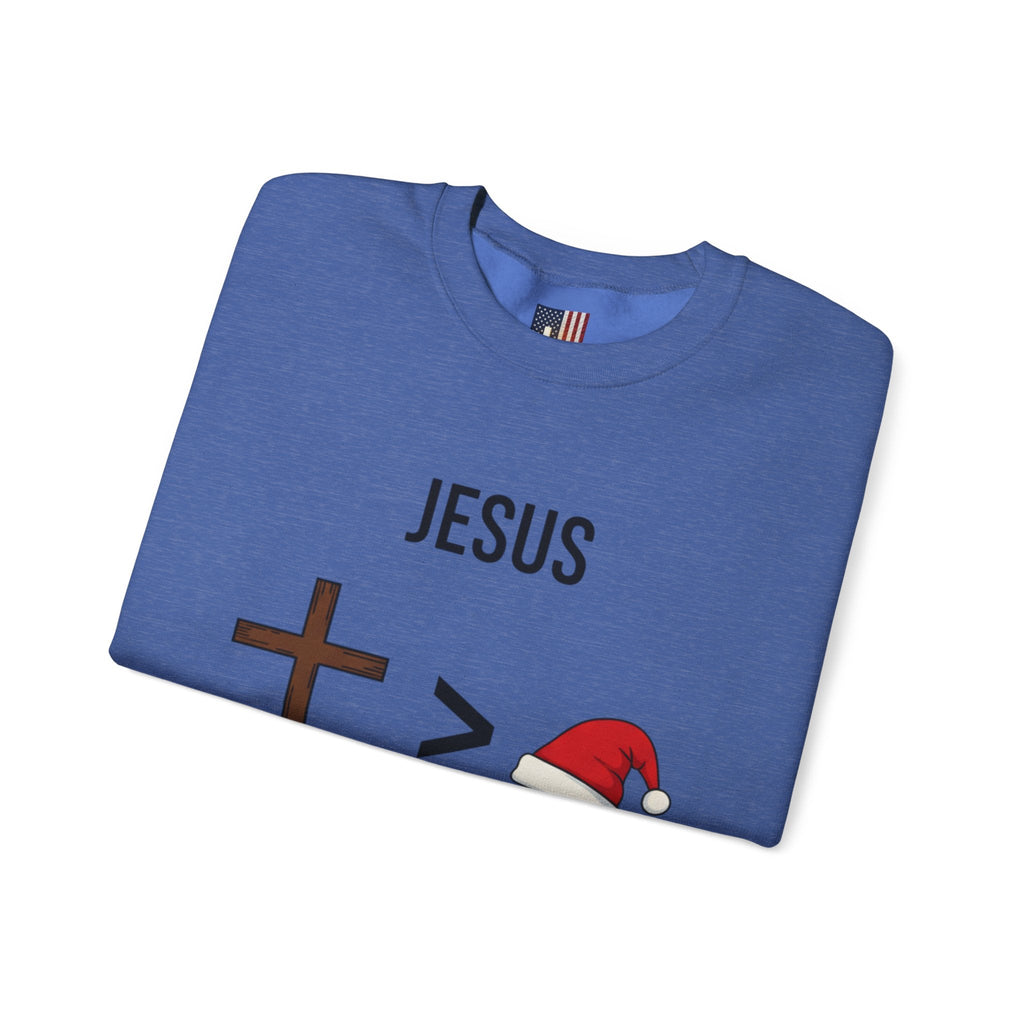 🎄 Jesus > Santa – Minimalist Christian Christmas Sweatshirt | Bold Faith Over Holiday Tee | Cross vs Santa Hat Design | Uplifted Gear Printify