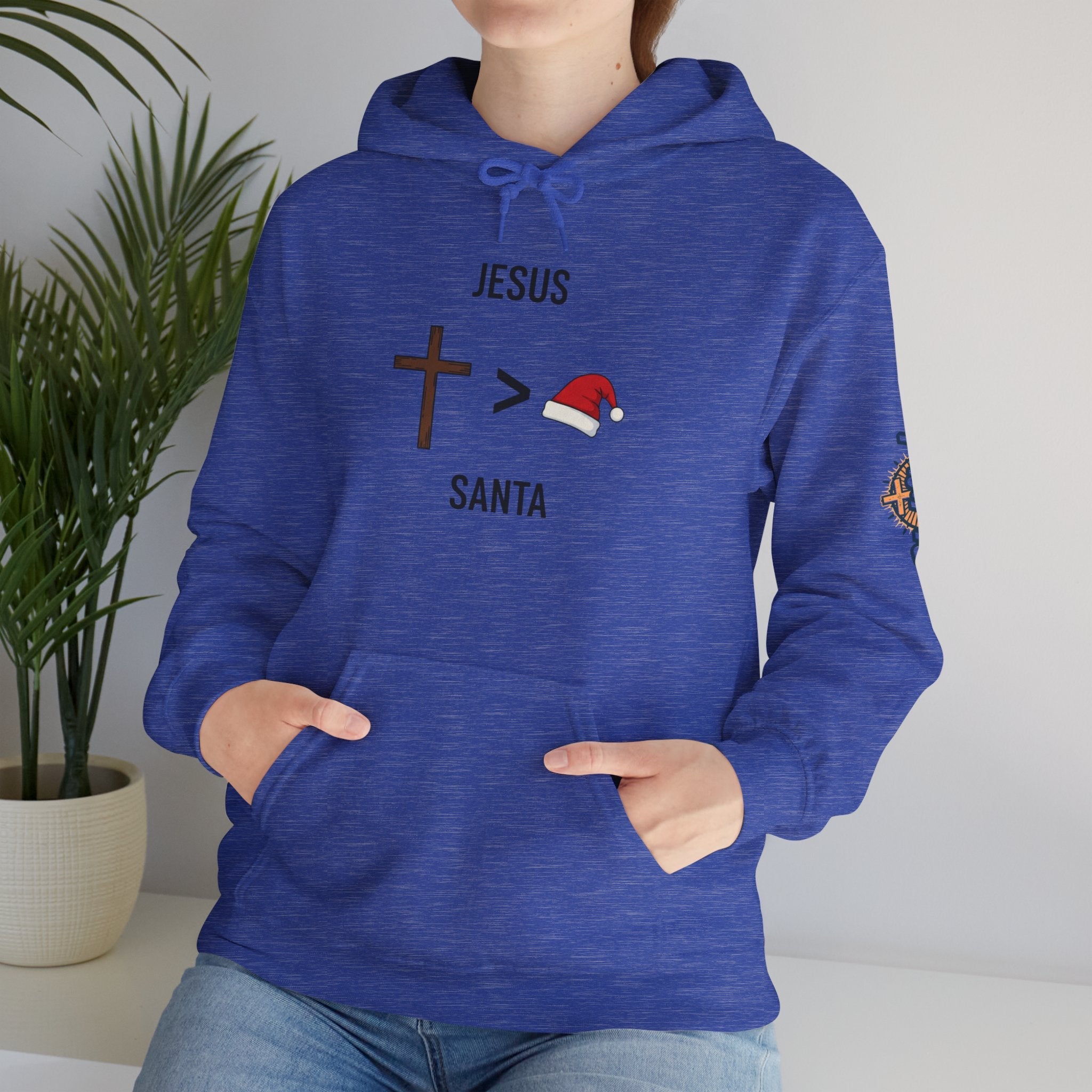 🎄 Jesus > Santa – Minimalist Christian Christmas Hoodie | Bold Faith Over Holiday Tee | Cross vs Santa Hat Design | Uplifted Gear Printify