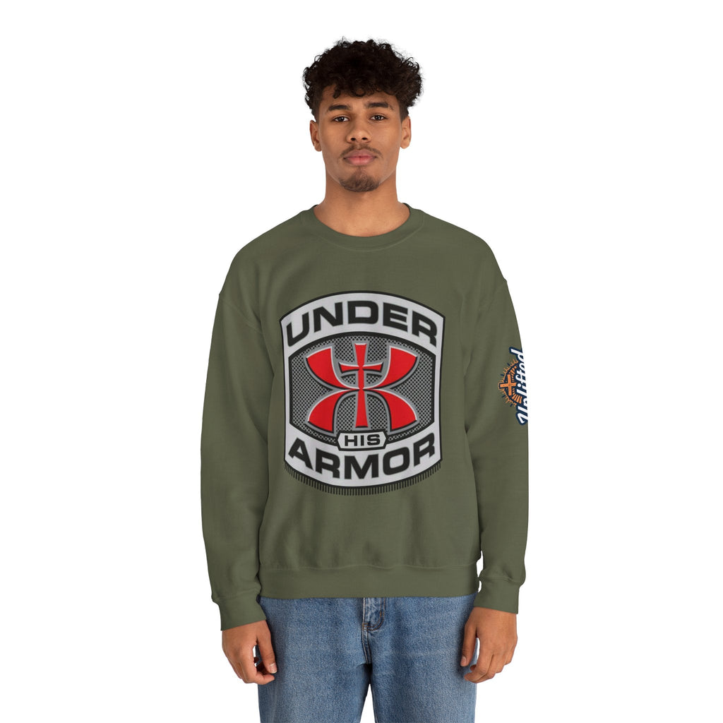 Under His Armor Crewneck Sweatshirt — Christian Faith Graphic Pullover Printify