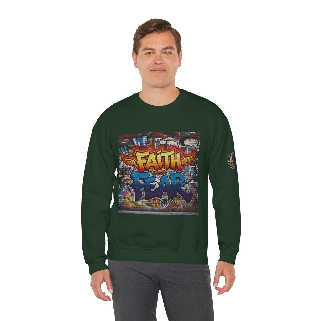 Faith Over Fear Sweatshirt – Graffiti Wall Christian Sweatshirt for Bold 2 Corinthians 5:7 Streetwear & Unshakable Faith Printify