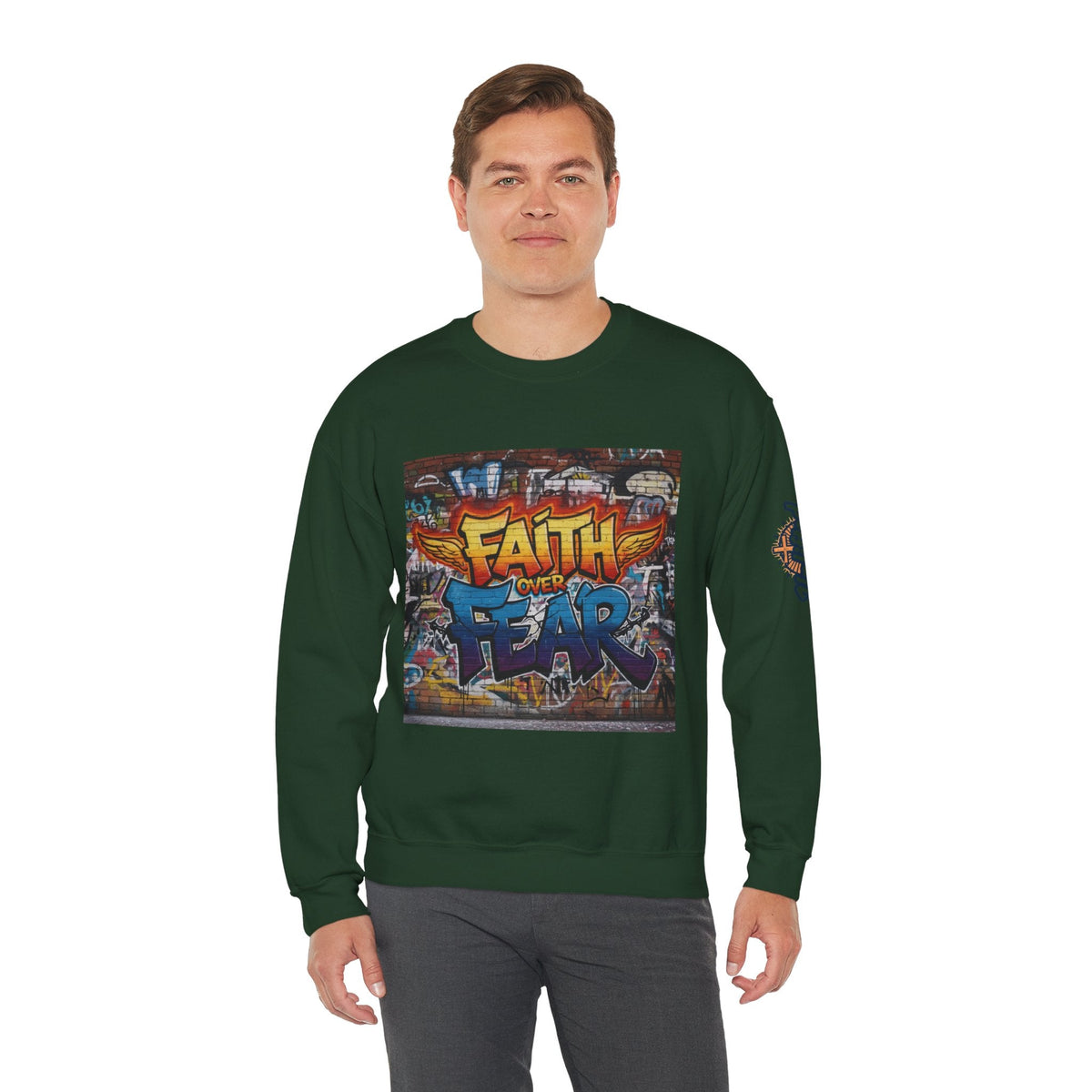 Faith Over Fear Sweatshirt – Graffiti Wall Christian Sweatshirt for Bold 2 Corinthians 5:7 Streetwear & Unshakable Faith Printify