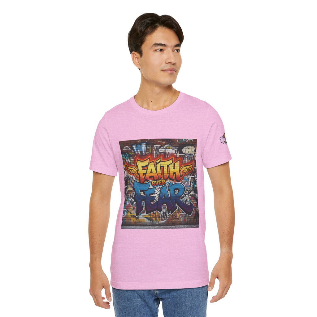 Faith Over Fear T-shirt – Graffiti Wall Christian T-shirt for Bold 2 Corinthians 5:7 Streetwear & Unshakable Faith Printify