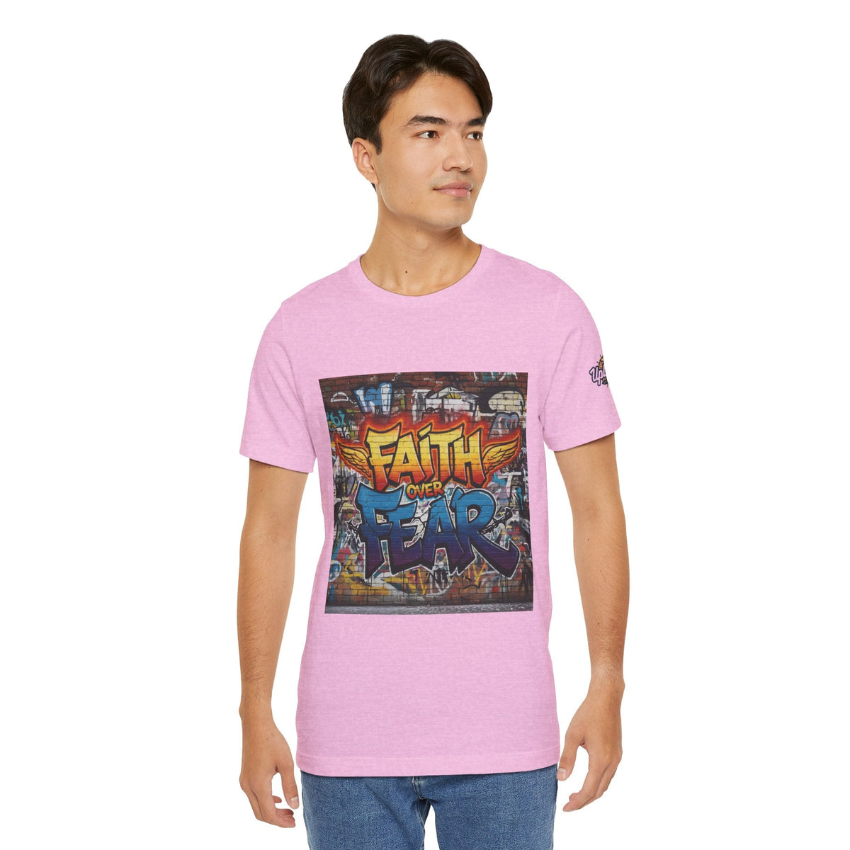 Faith Over Fear T-shirt – Graffiti Wall Christian T-shirt for Bold 2 Corinthians 5:7 Streetwear & Unshakable Faith Printify