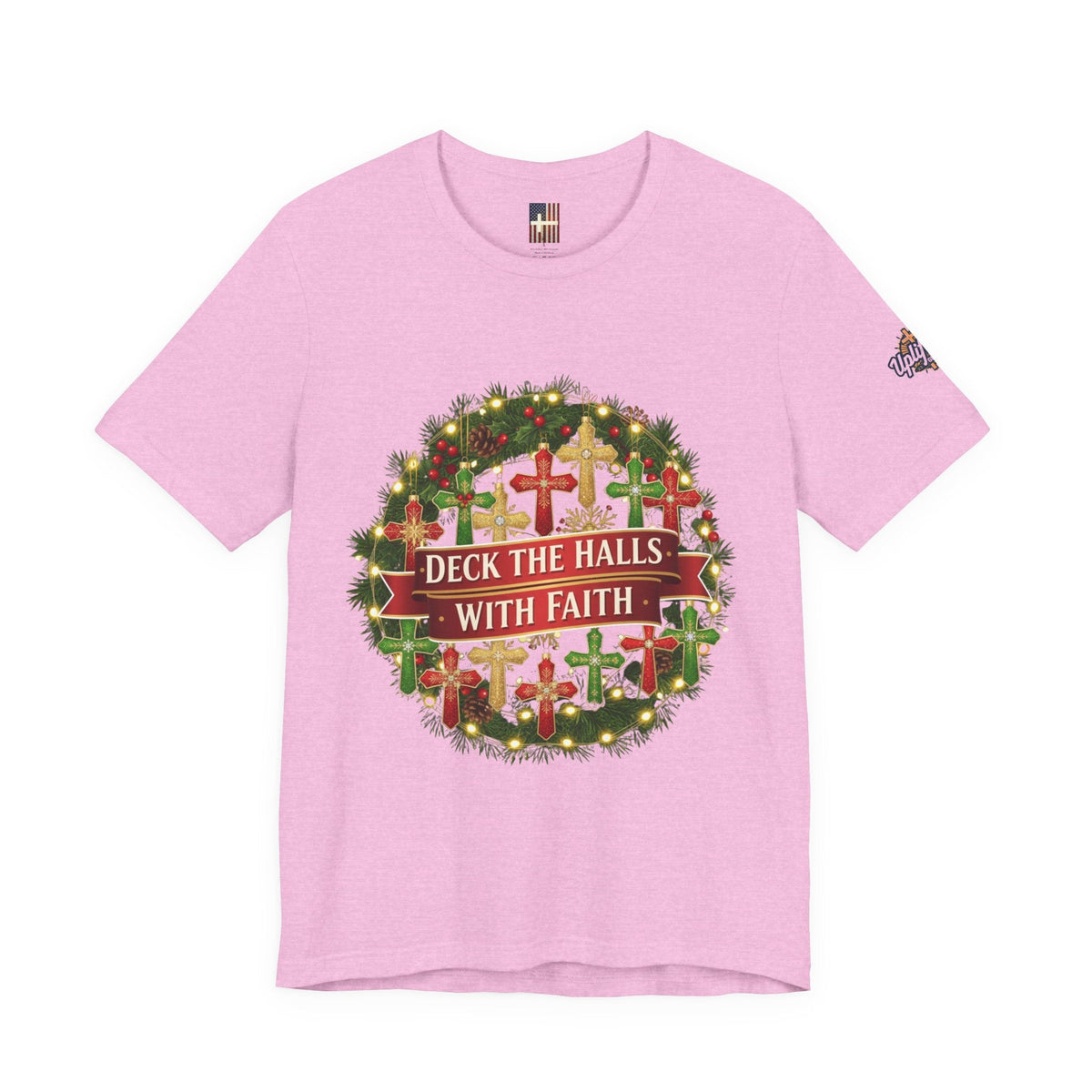 🎄 Deck the Halls with Faith – Christian Christmas T-Shirt | Cross Ornament Design & Festive Garland | Bold Holiday Faith Tee by Uplifted Gear Printify