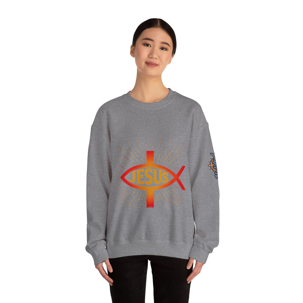 Jesus Ichthys Sweatshirt – Christian Fish Symbol with Cross & Jesus Inscription Sweatshirt for Eternal Faith & Streetwear Printify