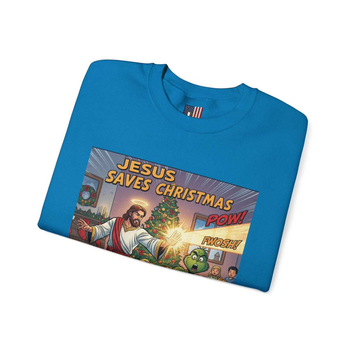 Jesus Saves Christmas Sweatshirt – Grinch vs Savior Light Battle Christian Sweatshirt for Hilarious Holiday Faith & True Joy Printify
