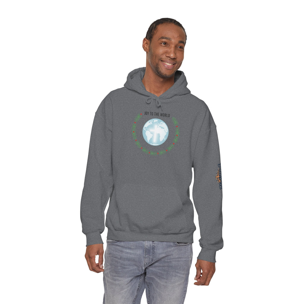 Joy to the World Hoodie – Wreath Earth Nativity Christian Christmas Sweatshirt for Isaiah 9:6 Holiday Faith & Festive Joy Printify