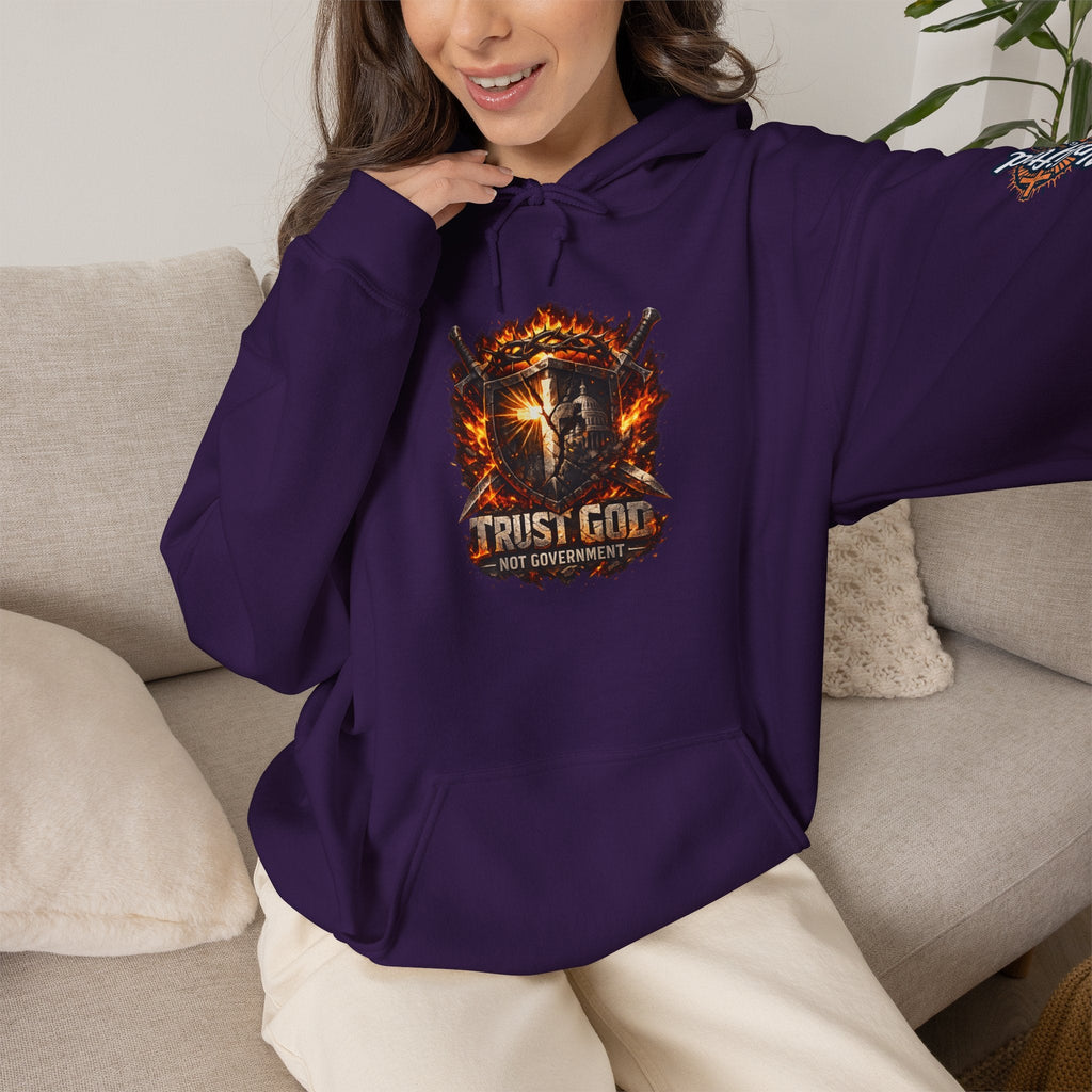 Trust God Not Government Shield Hoodie — Patriotic Christian Faith Hoodie Printify
