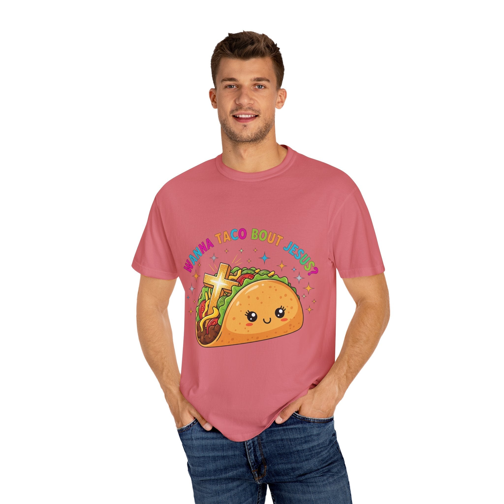 Wanna Taco 'Bout Jesus? Funny Christian Pun T-Shirt – Lettuce Pray & Share Faith! Printify
