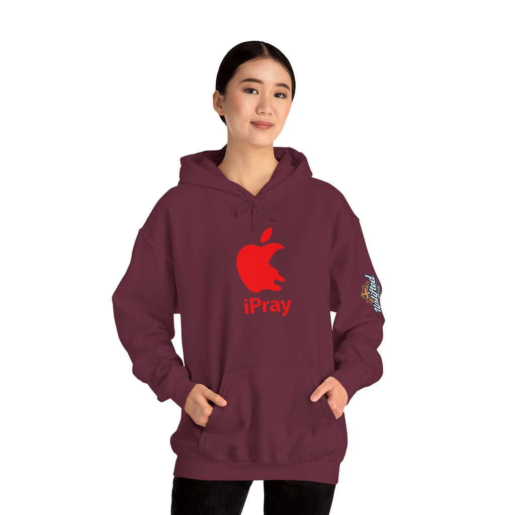 iPray Apple Logo Hoodie — Funny Christian Hoodie (Minimal Red Apple Graphic) Printify