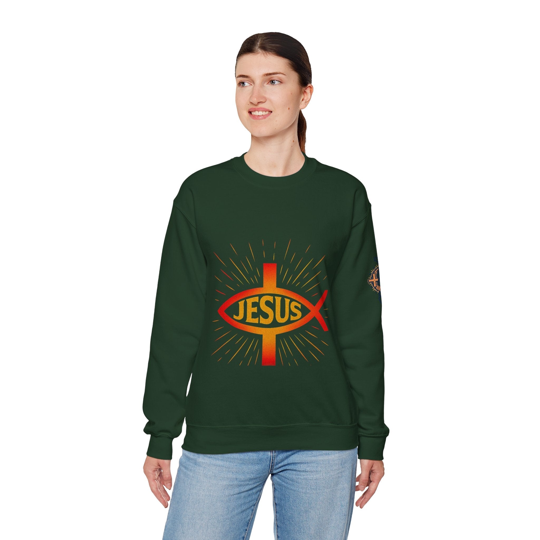 Jesus Ichthys Sweatshirt – Christian Fish Symbol with Cross & Jesus Inscription Sweatshirt for Eternal Faith & Streetwear Printify