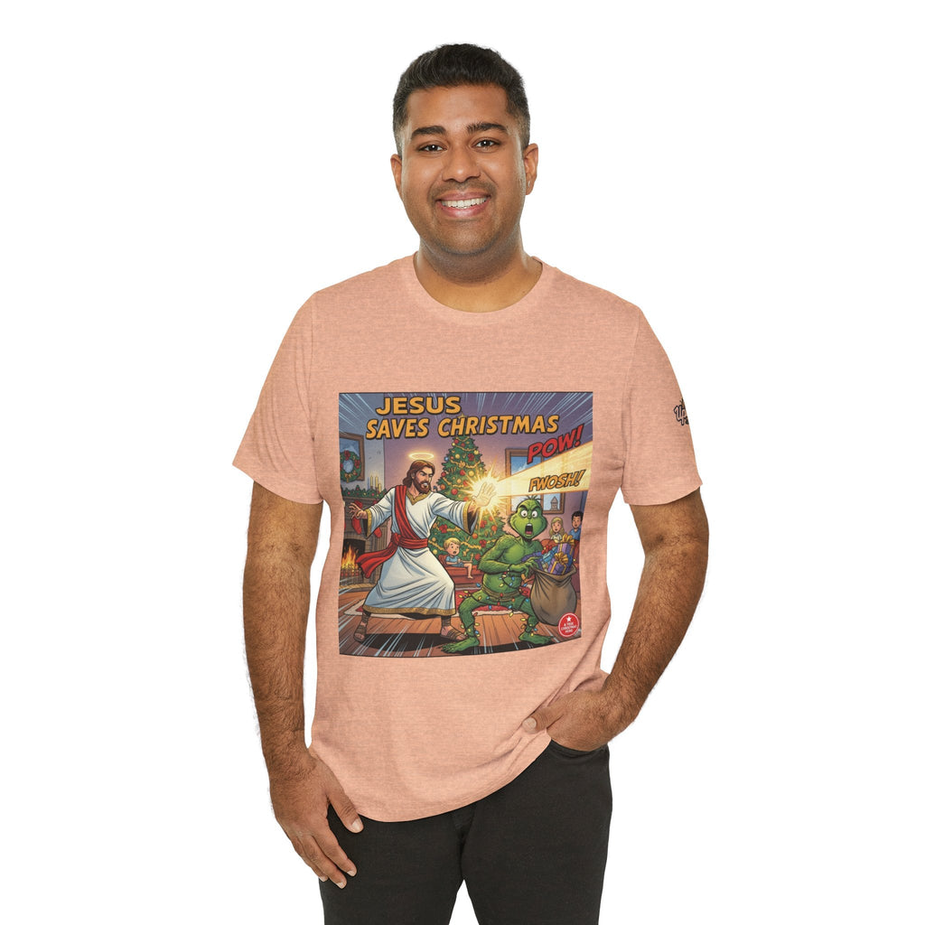 Jesus Saves Christmas T-shirt – Grinch vs Savior Light Battle Christian T-shirt for Hilarious Holiday Faith & True Joy Printify