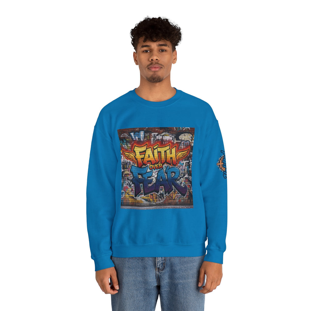 Faith Over Fear Sweatshirt – Graffiti Wall Christian Sweatshirt for Bold 2 Corinthians 5:7 Streetwear & Unshakable Faith Printify