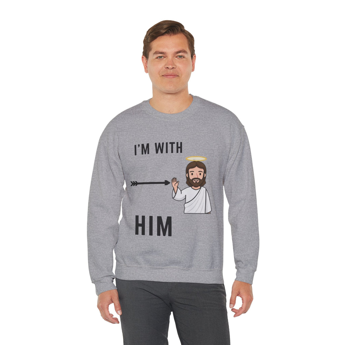 🔥 I’m With Him → Christian Sweatshirt | Arrow Pointing to Jesus | Minimalist Faith Tee | Subtle Cross Design | Bible-Inspired Apparel by Uplifted Gear Printify