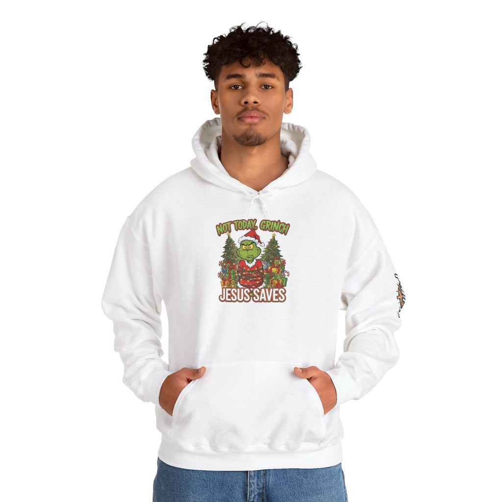 🎄 Not Today, Grinch – Jesus Saves | Funny Christian Christmas Hoodie | Sulking Grinch & Glowing Cross | Bold Neon Faith Tee by Uplifted Gear Printify