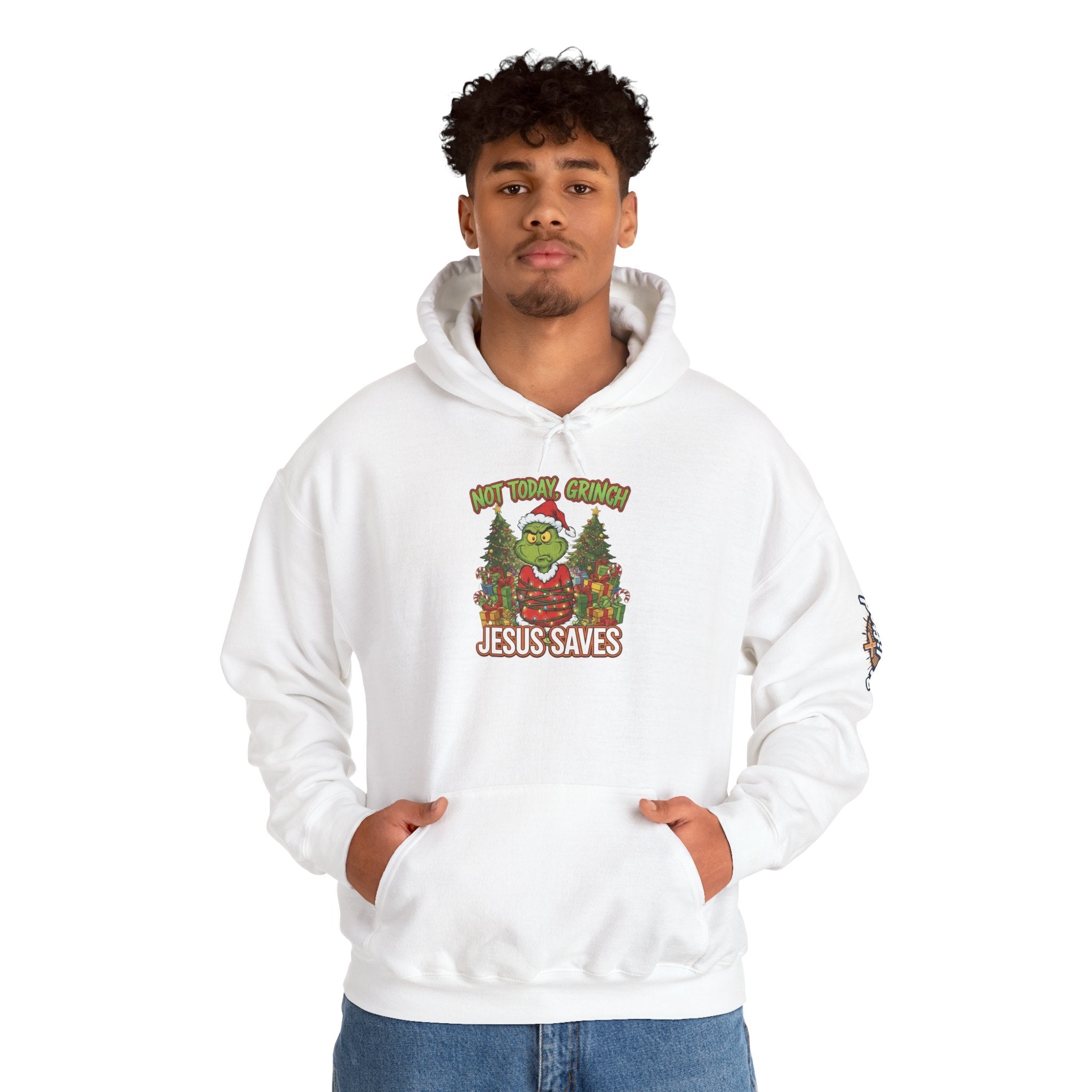 🎄 Not Today, Grinch – Jesus Saves | Funny Christian Christmas Hoodie | Sulking Grinch & Glowing Cross | Bold Neon Faith Tee by Uplifted Gear Printify