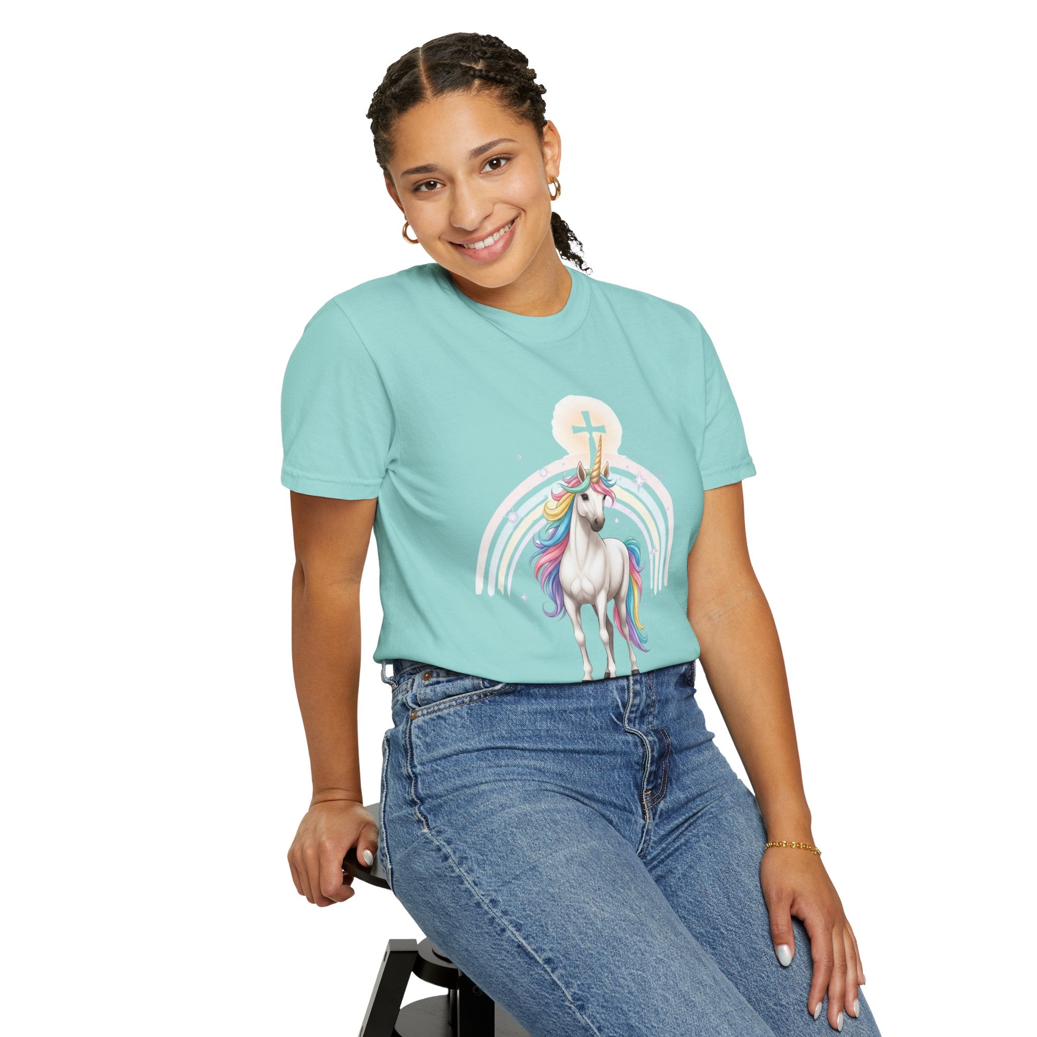 Unique Unicorn Christian T-Shirt – Wonderfully Made with Rainbow Cross & Psalm 139:14 Printify