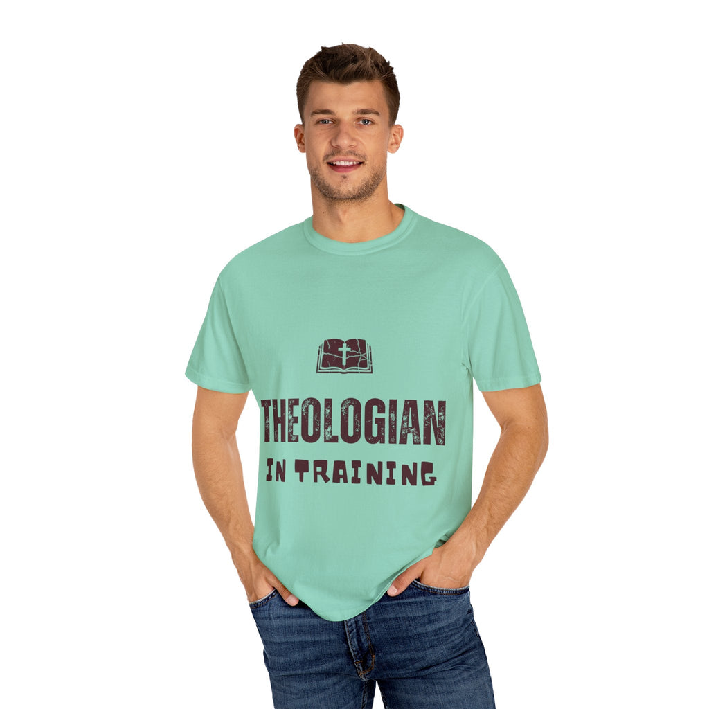 Theologian in Training T-Shirt – Open Bible & Cross Christian Tee for Faithful Learners Printify