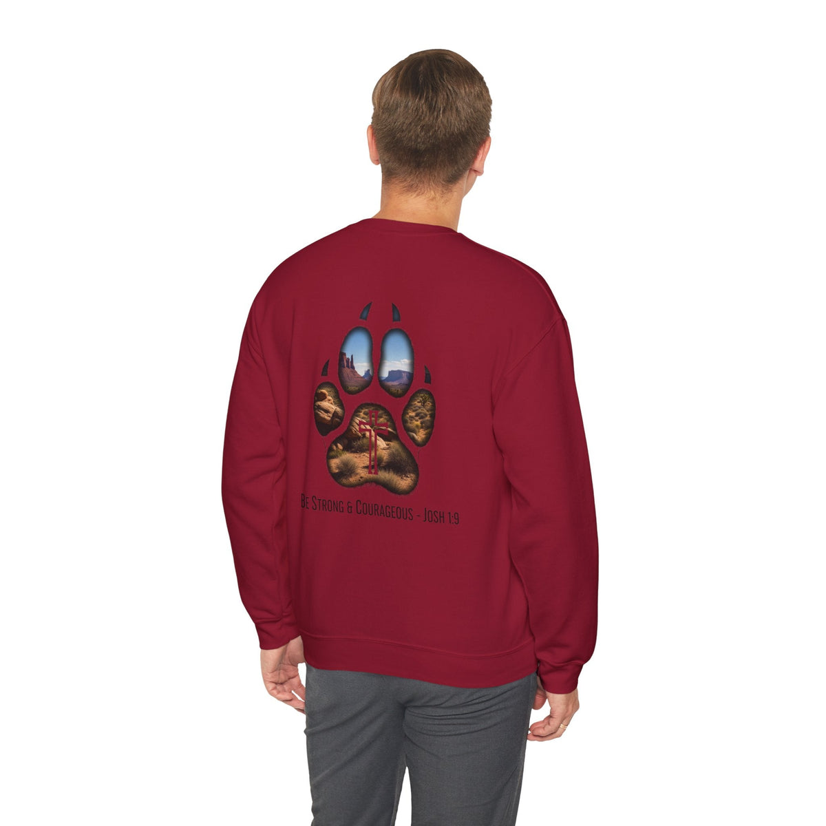 Strong and Courageous Sweatshirt – Joshua 1:9 Canine Pawprint Desert Christian Sweatshirt for Dog Lovers Printify
