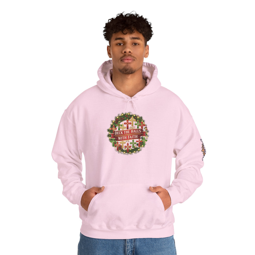 🎄 Deck the Halls with Faith – Christian Christmas Hoodie | Cross Ornament Design & Festive Garland | Bold Holiday Faith Tee by Uplifted Gear Printify