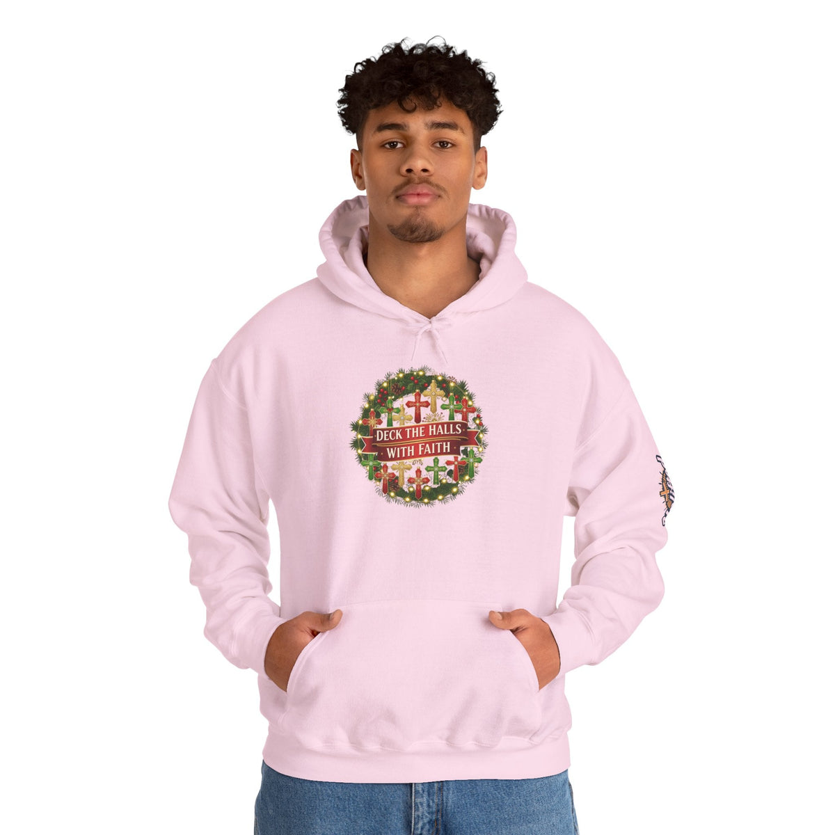 🎄 Deck the Halls with Faith – Christian Christmas Hoodie | Cross Ornament Design & Festive Garland | Bold Holiday Faith Tee by Uplifted Gear Printify