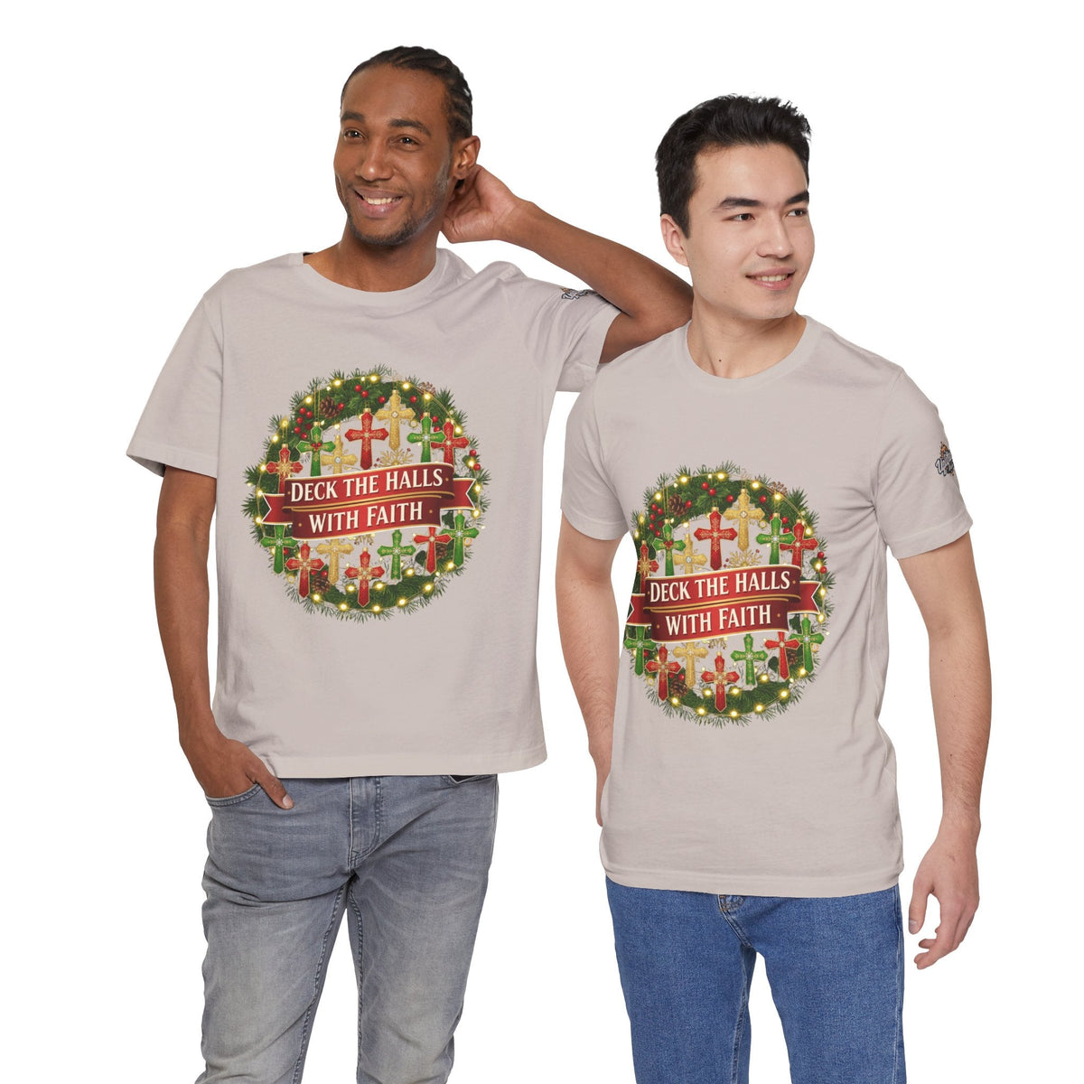 🎄 Deck the Halls with Faith – Christian Christmas T-Shirt | Cross Ornament Design & Festive Garland | Bold Holiday Faith Tee by Uplifted Gear Printify