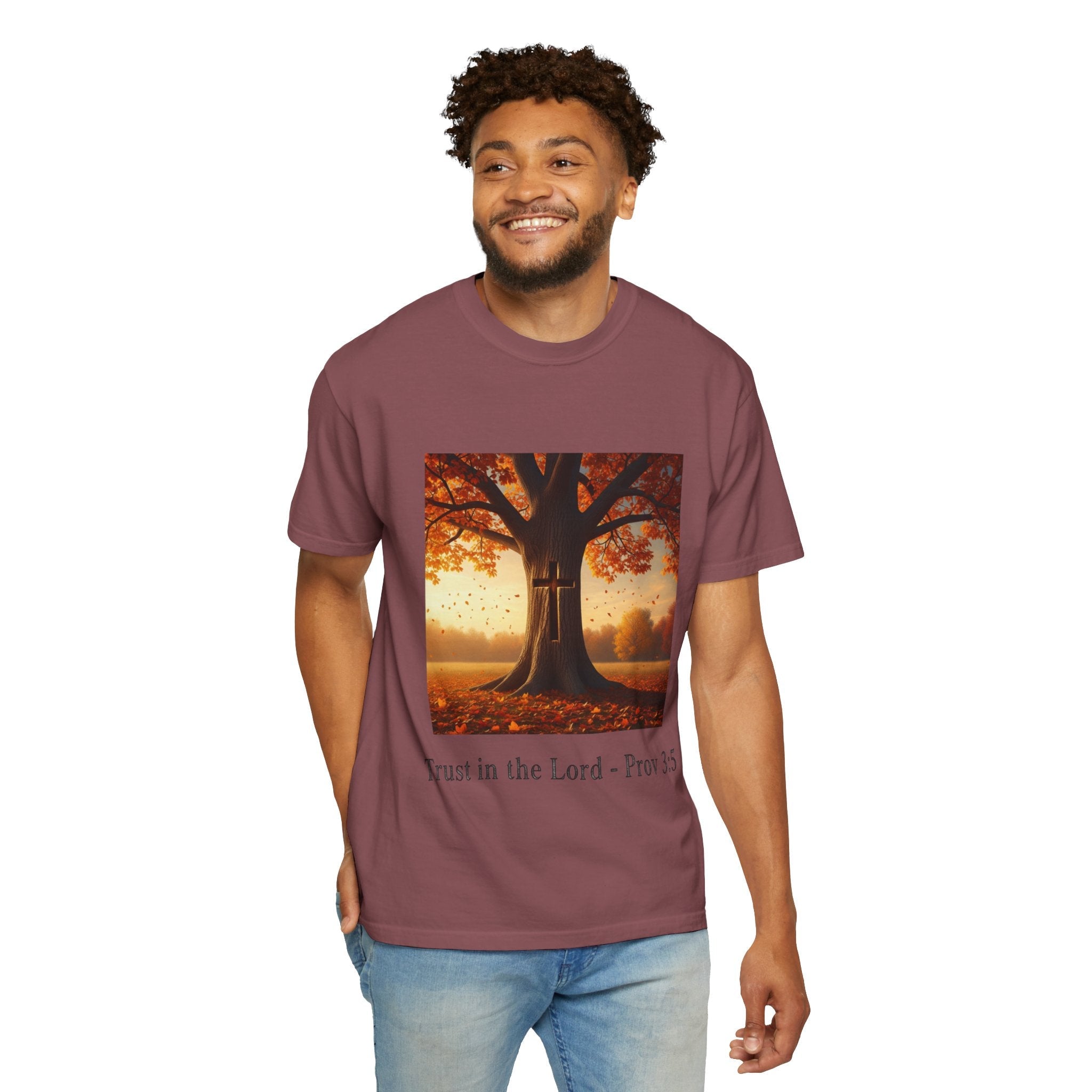 Trust in the Lord T-Shirt – Autumn Tree Christian Tee with Proverbs 3:5 Printify