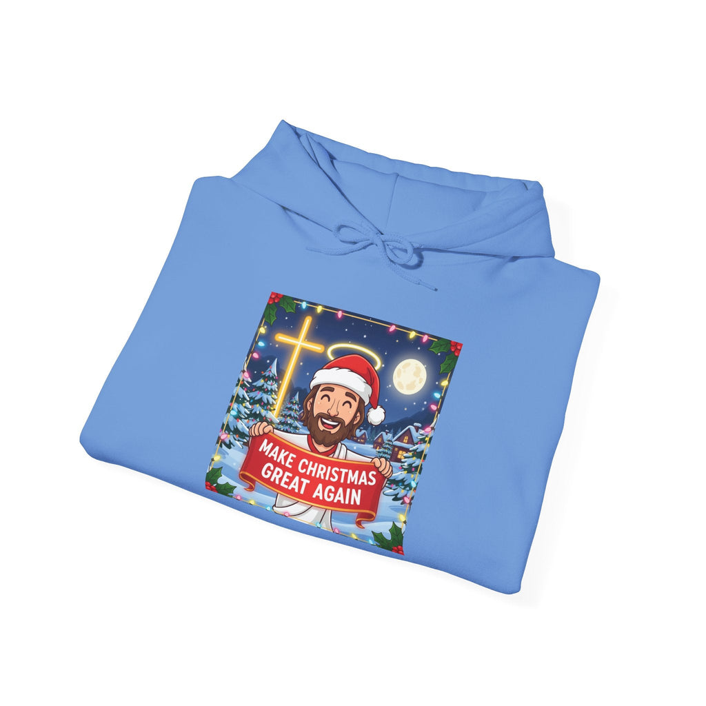 🎄 Make Christmas Great Again – Funny Christian Hoodie | Jesus Holding Banner | Faith-Based Holiday Parody Tee | Uplifted Gear Printify