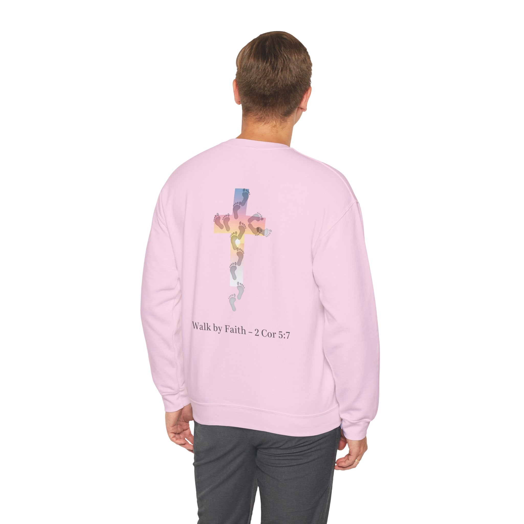 Walk by Faith Sweatshirt – Cross & Footprints Christian Sweatshirt for Cozy Inspiration Printify