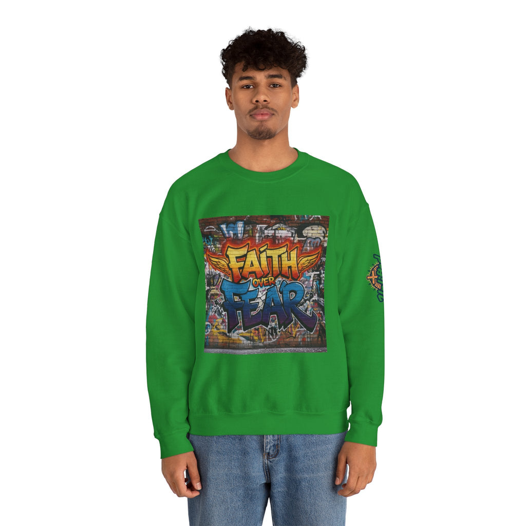 Faith Over Fear Sweatshirt – Graffiti Wall Christian Sweatshirt for Bold 2 Corinthians 5:7 Streetwear & Unshakable Faith Printify