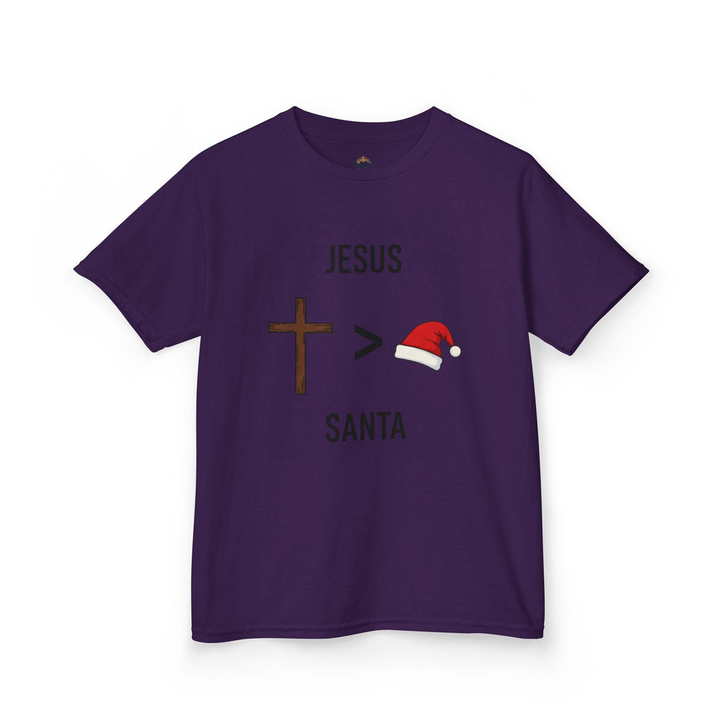 🎄 Jesus > Santa – Minimalist Christian Christmas Kids T-Shirt | Bold Faith Over Holiday Tee | Cross vs Santa Hat Design | Uplifted Gear Printify