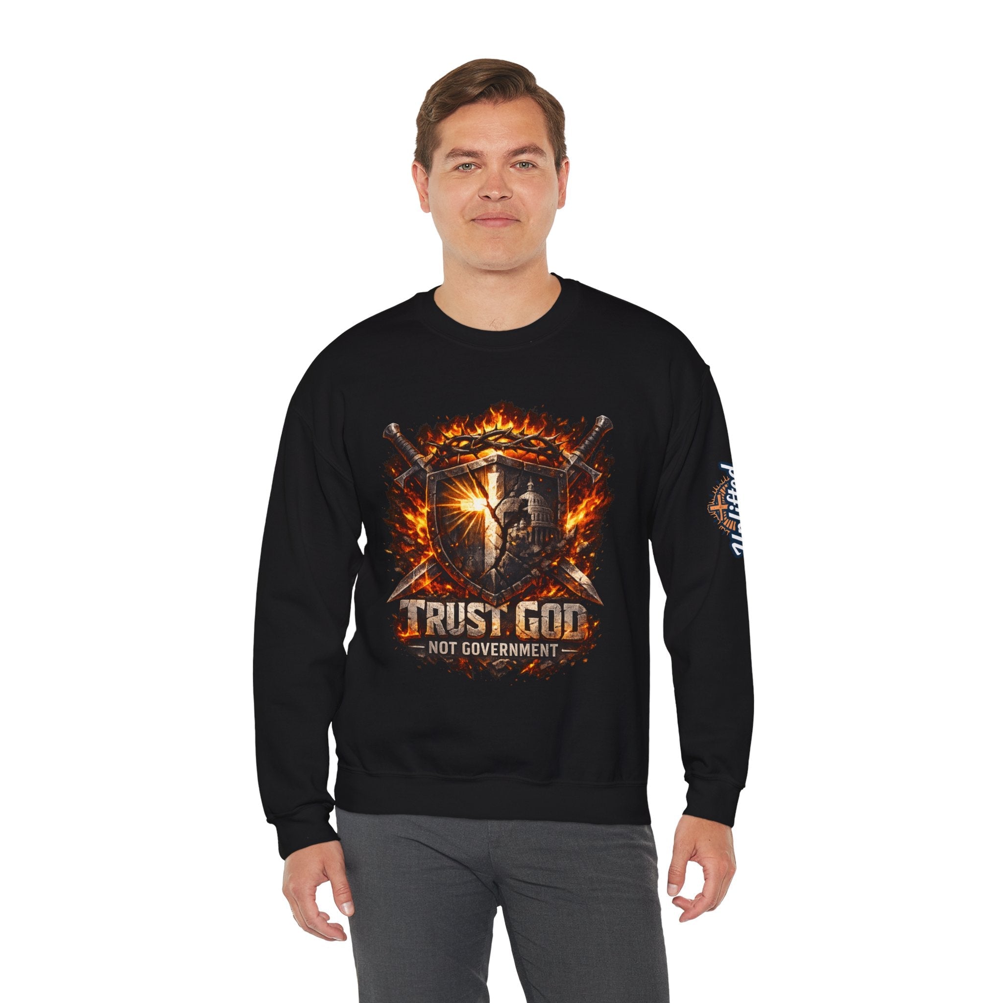 Trust God Not Government Shield Sweatshirt — Patriotic Christian Faith Sweatshirt Printify
