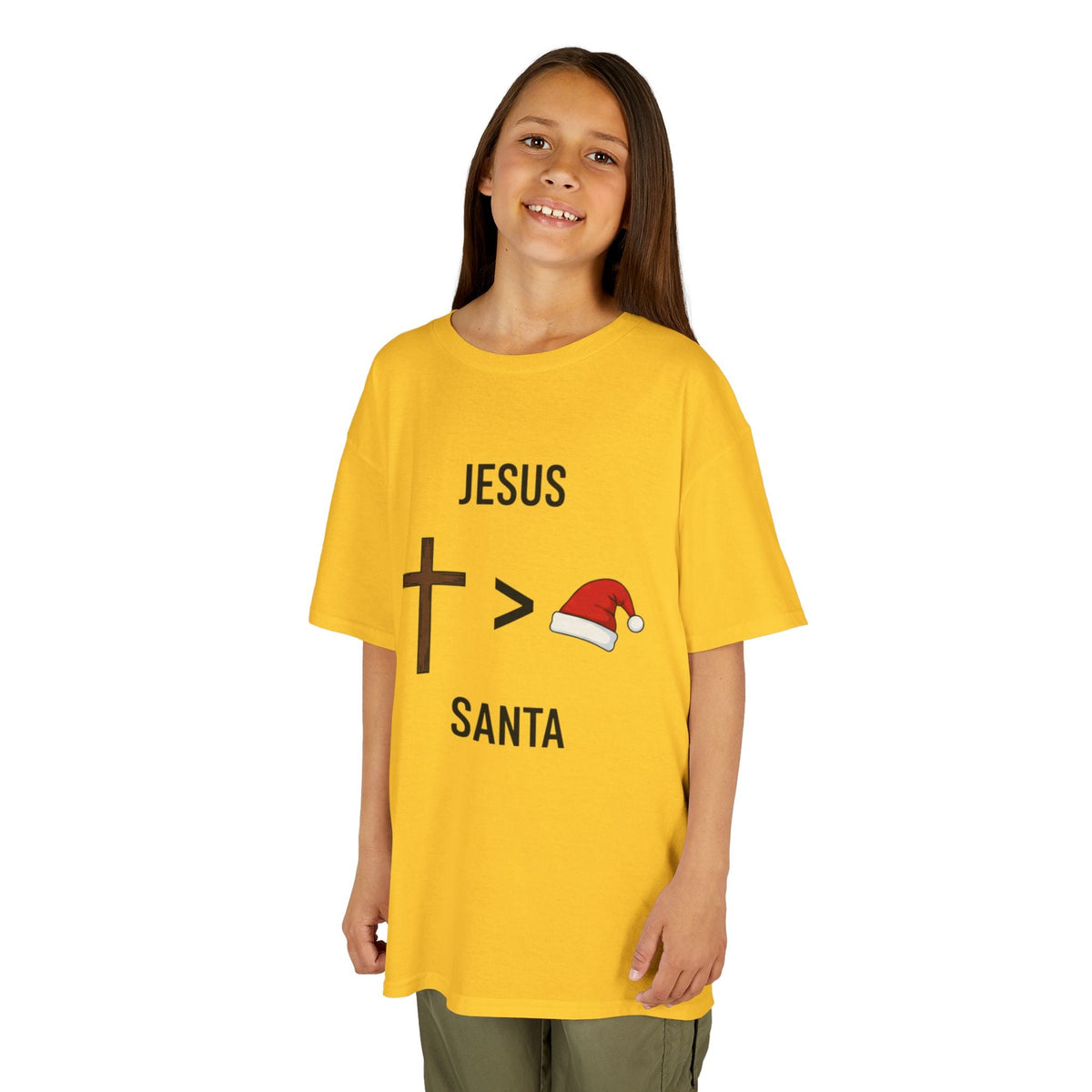 🎄 Jesus > Santa – Minimalist Christian Christmas Kids T-Shirt | Bold Faith Over Holiday Tee | Cross vs Santa Hat Design | Uplifted Gear Printify