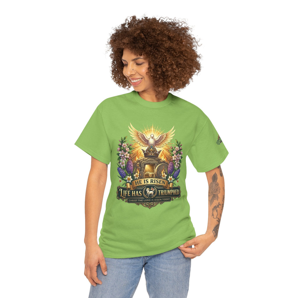 He Is Risen "Life Has Triumphed" T-Shirt — Easter Resurrection Christian Tee Printify