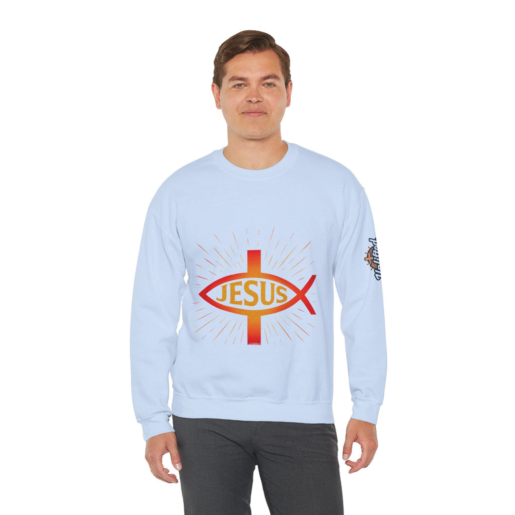 Jesus Ichthys Sweatshirt – Christian Fish Symbol with Cross & Jesus Inscription Sweatshirt for Eternal Faith & Streetwear Printify