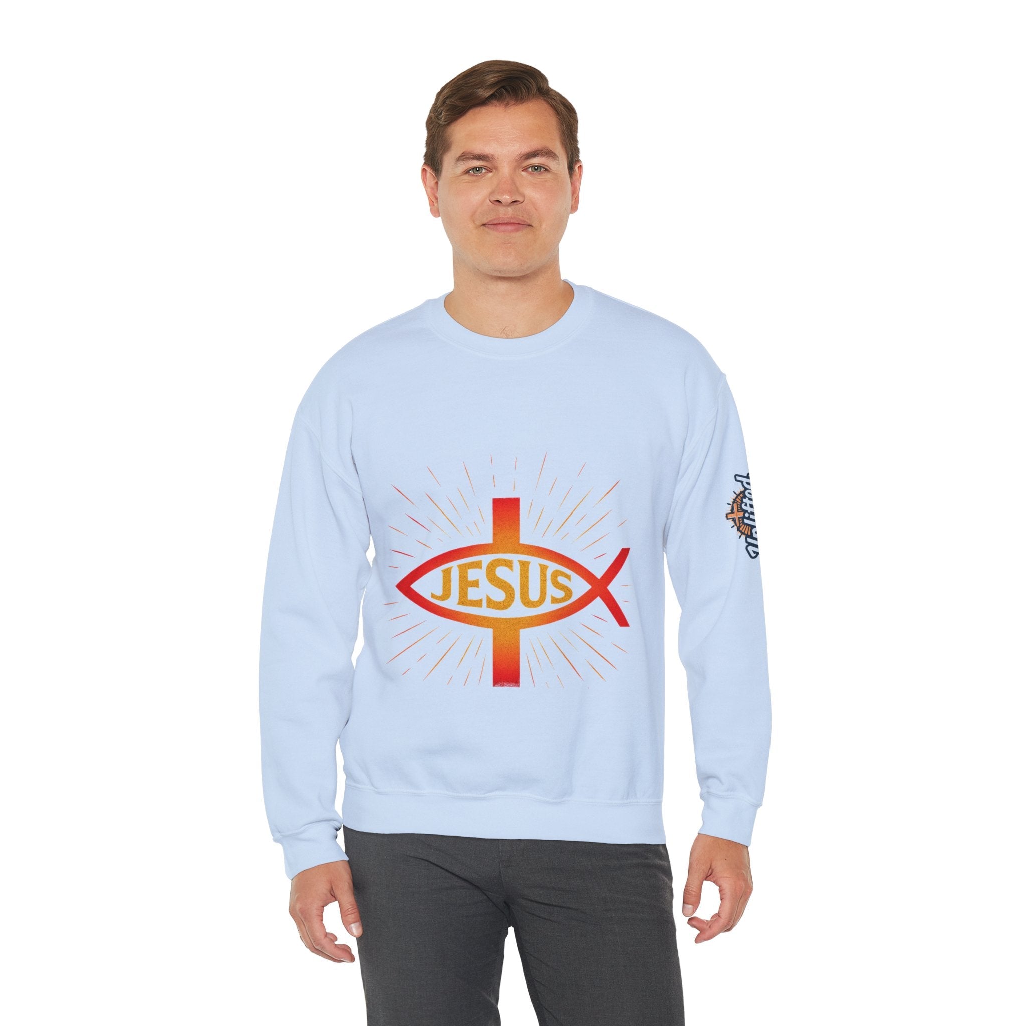 Jesus Ichthys Sweatshirt – Christian Fish Symbol with Cross & Jesus Inscription Sweatshirt for Eternal Faith & Streetwear Printify