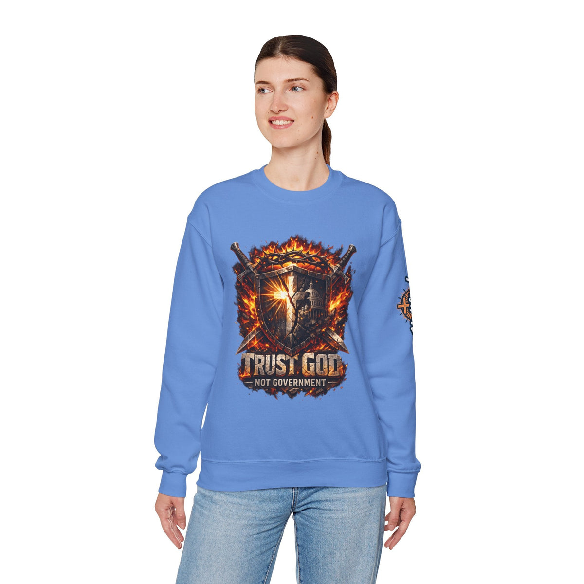 Trust God Not Government Shield Sweatshirt — Patriotic Christian Faith Sweatshirt Printify