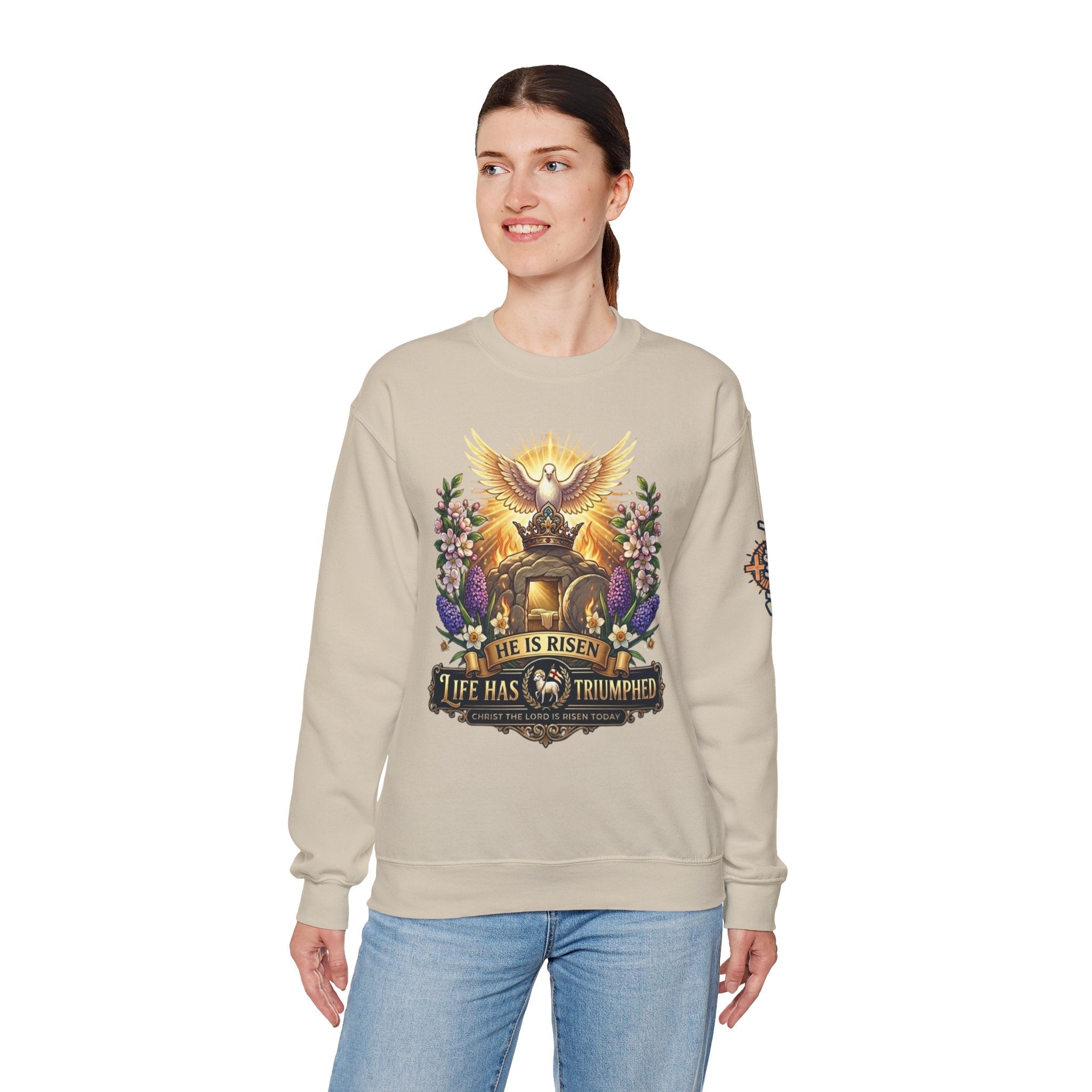 He Is Risen "Life Has Triumphed" Sweatshirt — Easter Resurrection Christian Sweatshirt Printify